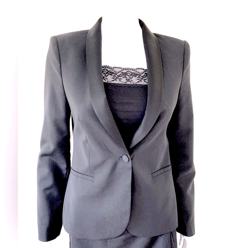 Zara tuxedo style black 100% fine wool short blazer shiny black satin collar S